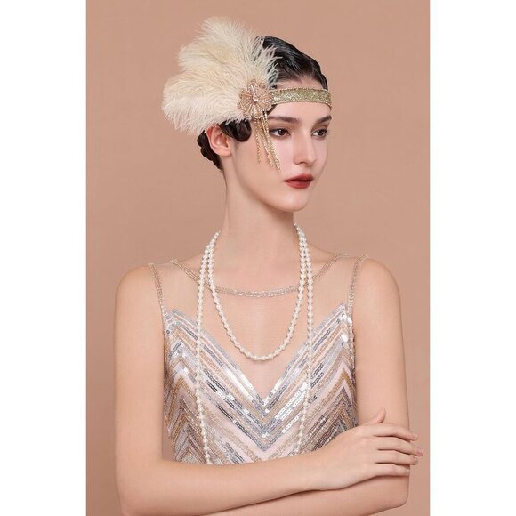 Flapper Headpiece Feather Crystal Rhinestones Gatsby 1920s Vintage Accessory main image 5